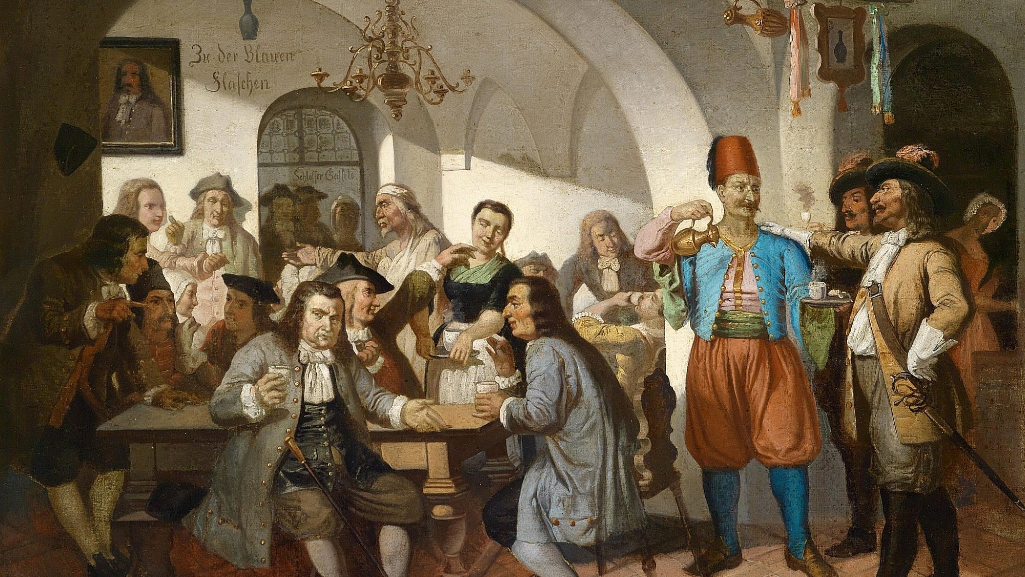 ההיסטוריה של הקפה-
Zu den blauen Flaschen painting c1900 ההיסטוריה של הקפה-
Zu den blauen Flaschen painting c1900
