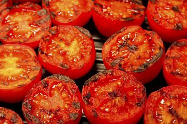 סלט חם של עגבניות ובצל צלויים בפיתה. צילום: shutterstock